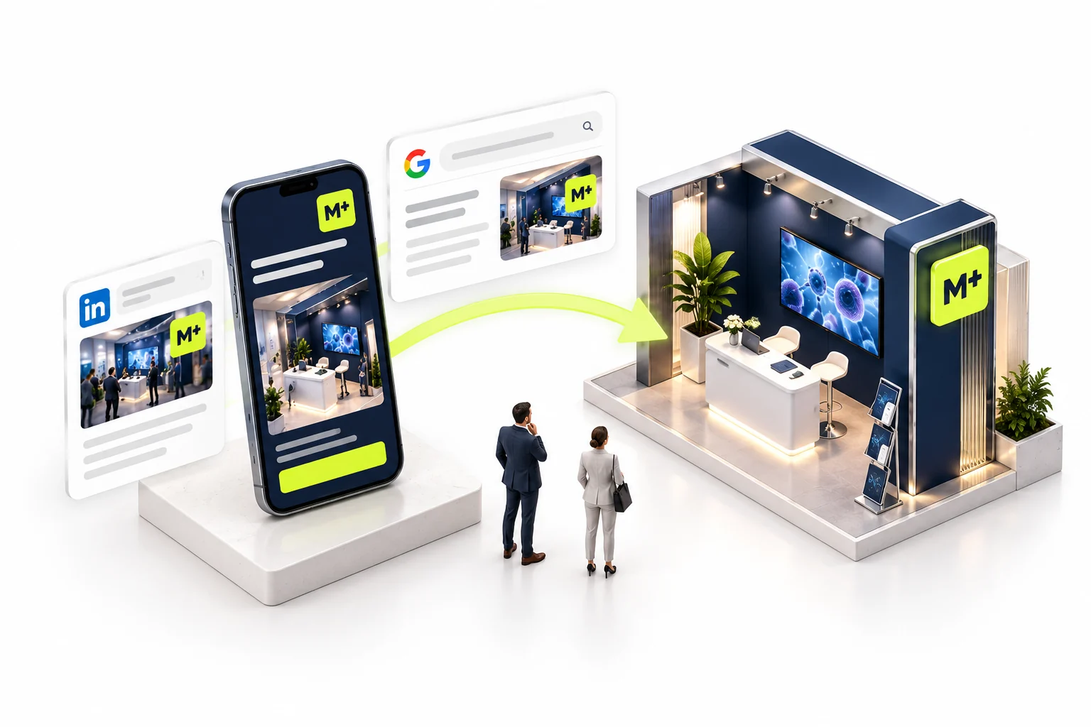 Isometric advertising displays and smartphone directing business attendees toward a More conference booth