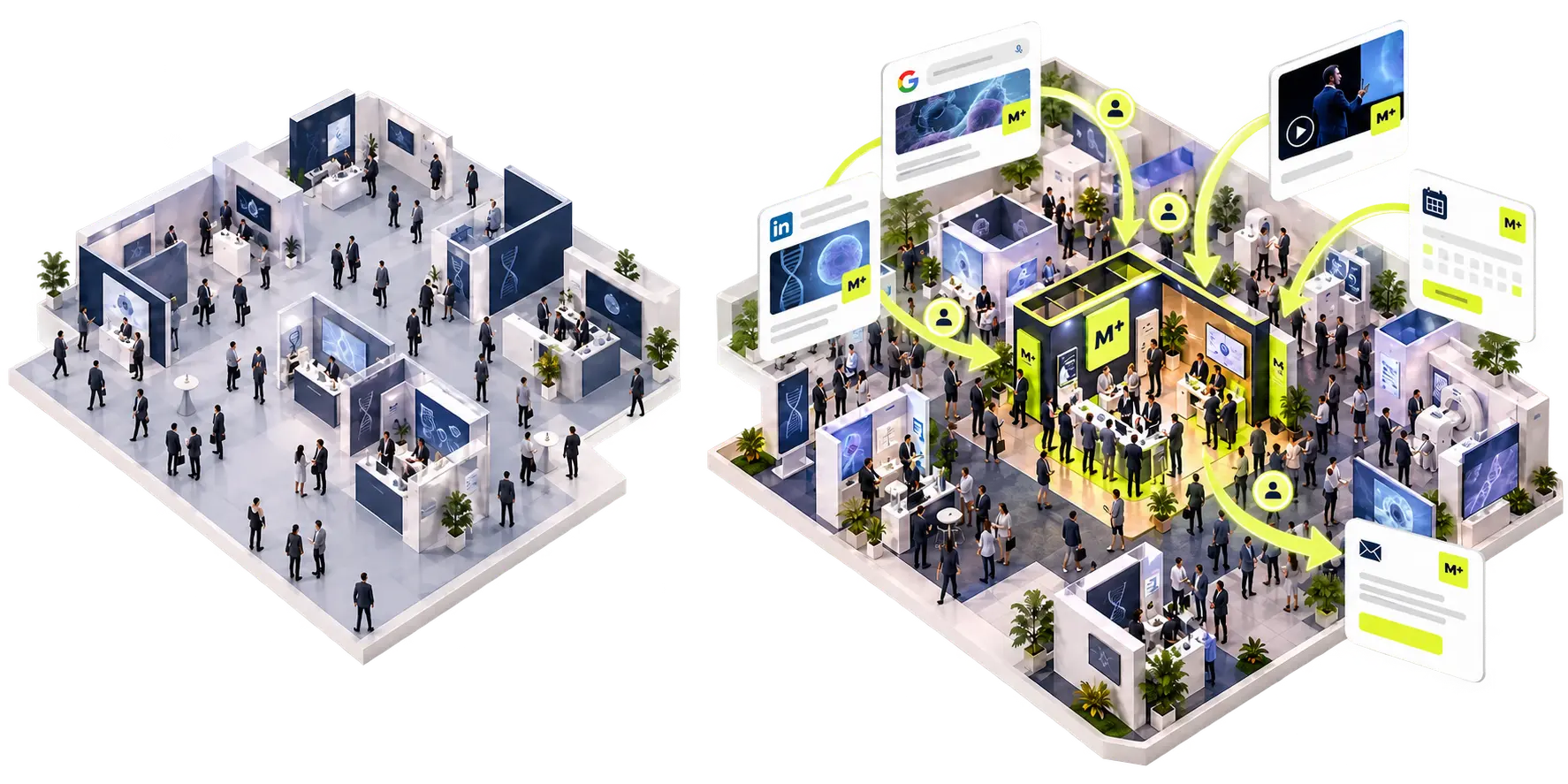 Concept comparison: a regular exhibition on the left and a More campaign with advertising, booking, and follow-up on the right