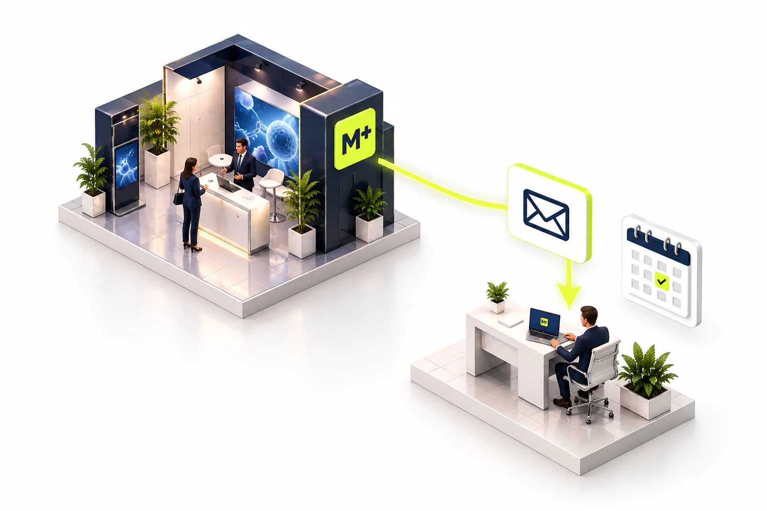 Isometric conference booth connected to a follow-up email, calendar, and a professional at a laptop