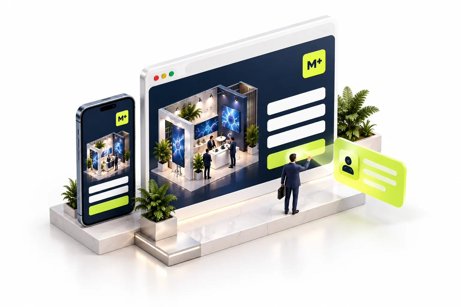 Isometric conference landing page and smartphone with a lead form and captured contact