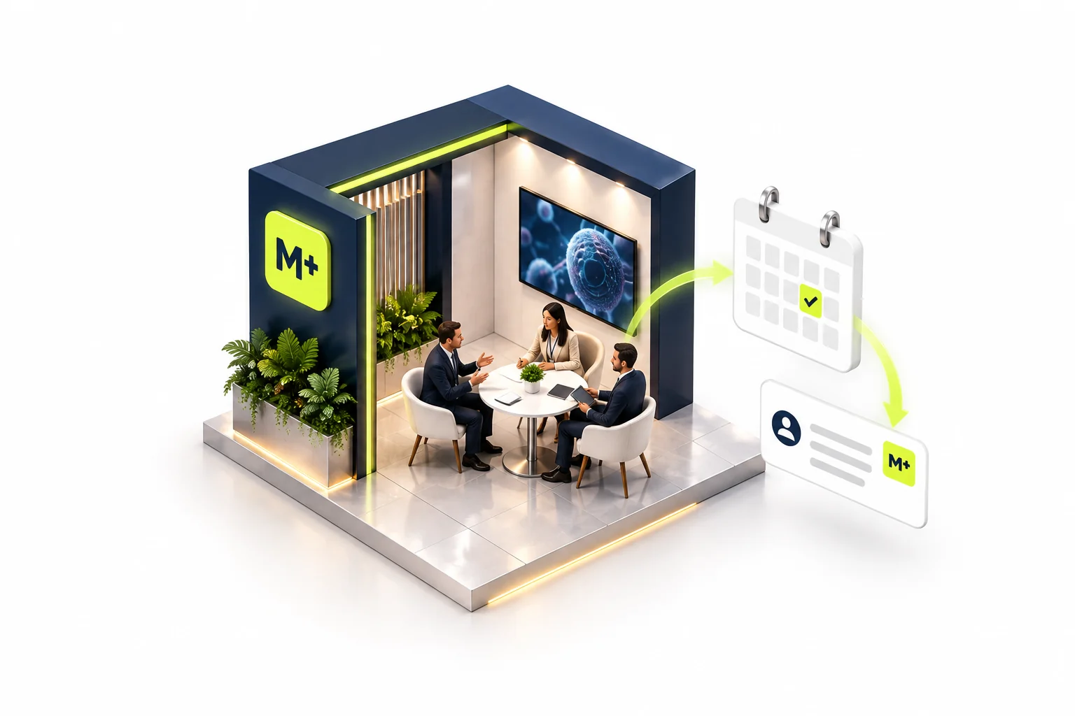 Isometric conference booth with three professionals meeting beside a calendar and contact card