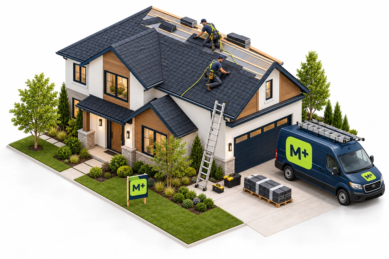 M+ Roofing business world.